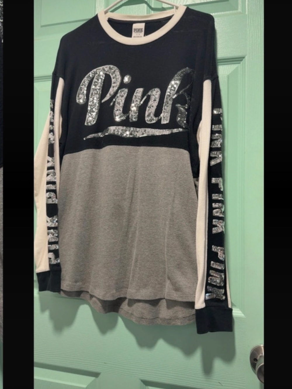 PINK Victoria's Secret Colorblock Long Sleeve Top in Black, Gray & White